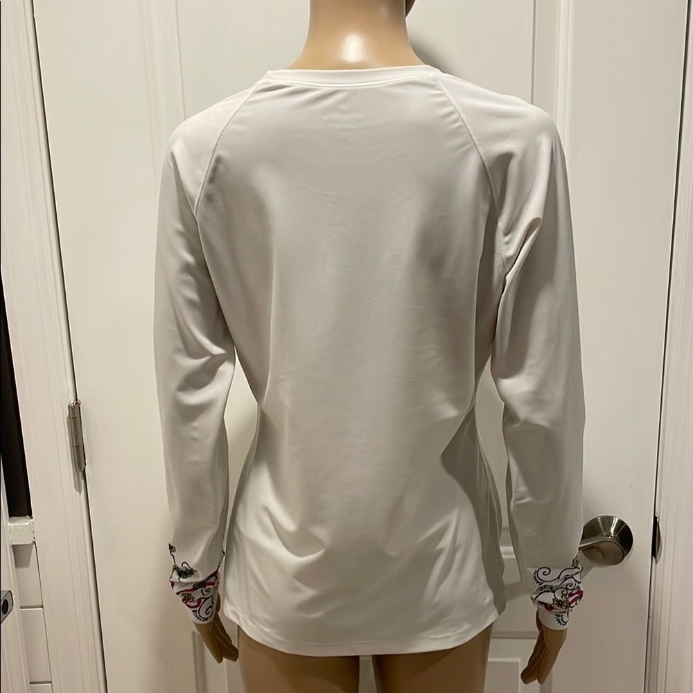 ATHLETA Women's White Long Sleeve Top with Pink and Green Design size L - Picture 3 of 3